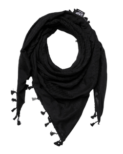 Pure black Hirbawi Kufiya keffiyeh with traditional pattern, showcasing the classic design and high-quality fabric by KUFIYA®.
