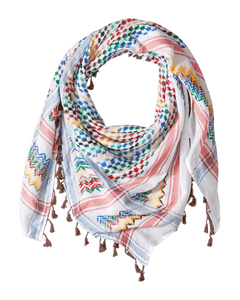 Colorful rainbow Kufiya by KUFIYA® featuring traditional Hirbawi keffiyeh pattern in vibrant hues and intricate design.