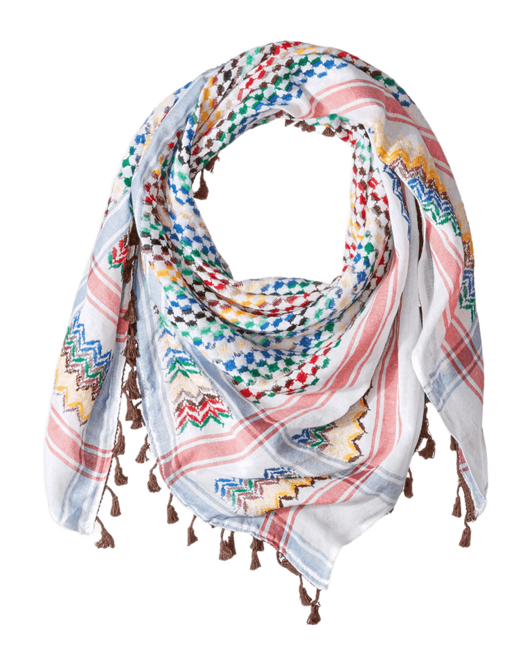 Colorful rainbow Kufiya by KUFIYA® featuring traditional Hirbawi keffiyeh pattern in vibrant hues and intricate design.